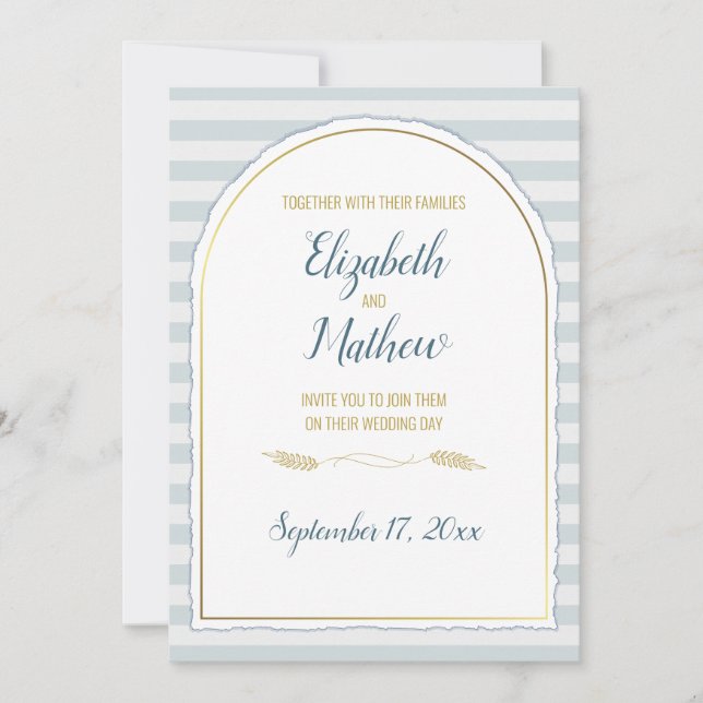 Invitation Arc doré Boho Script Rayure Bleue Nautique (Devant)