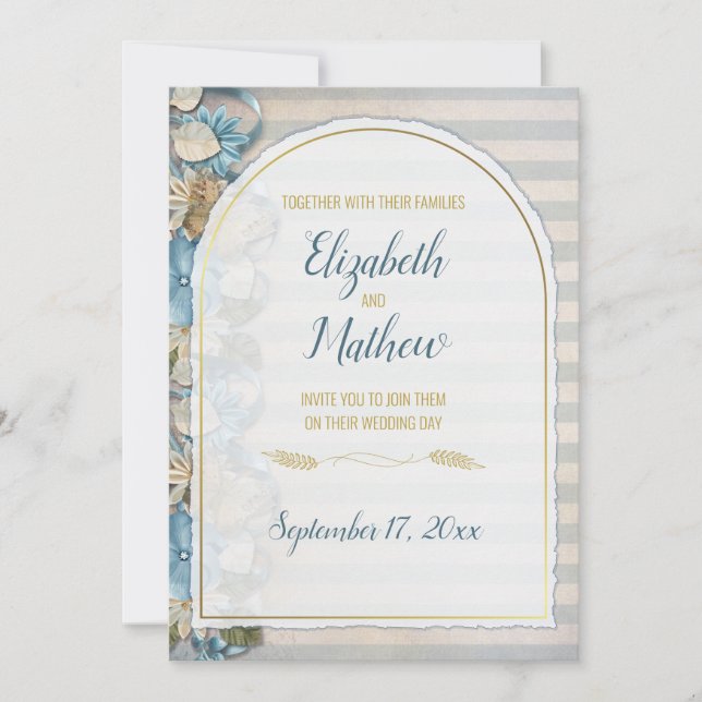 Invitation Arc doré Boho Script Rayure de chinoiserie bleue (Devant)