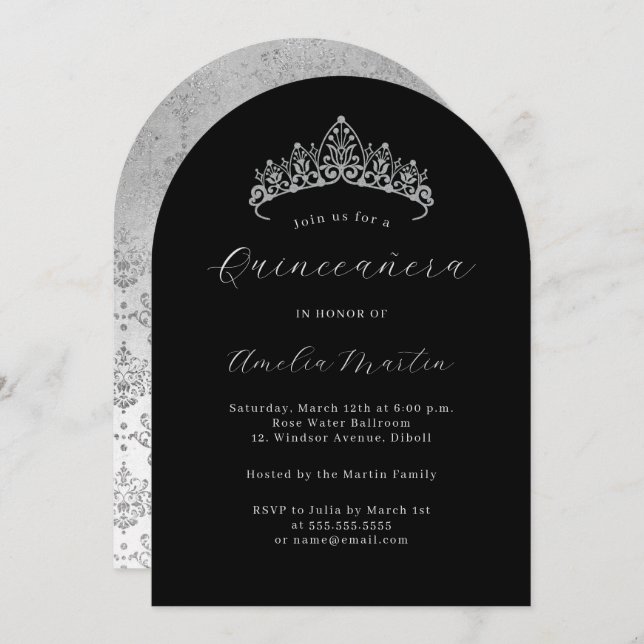 Invitation Arc Elegant Argent Noir Tiara Quinceanera (Devant / Derrière)