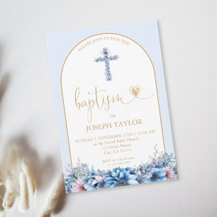Invitation Arc Élégant Baptême Croix Florale Christening Or