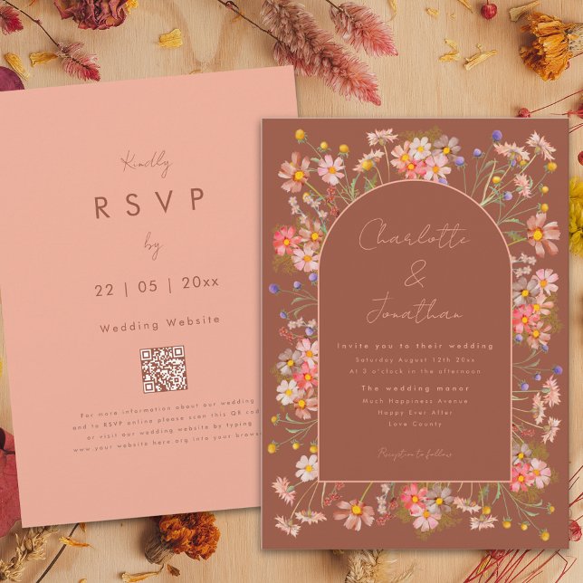 Invitation Arc élégant de fleurs sauvages orange brûlé pour m (Boho chic wildflower burnt orange terracotta fall wedding invitation with wedding website QR code)