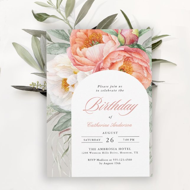 Invitation Arc Élegant Fleurs de Pêche Anniversaire (Invitation may be ordered in both printed and digital formats.)