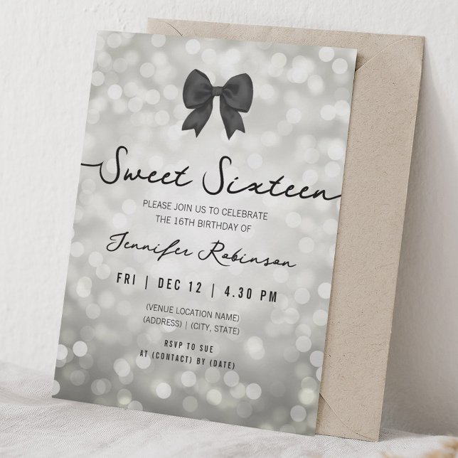Invitation Arc ÉléGant & Lumières Sweet Seize Argent  (Elegant Bow & Lights Sweet Sixteen Silver Invitation)