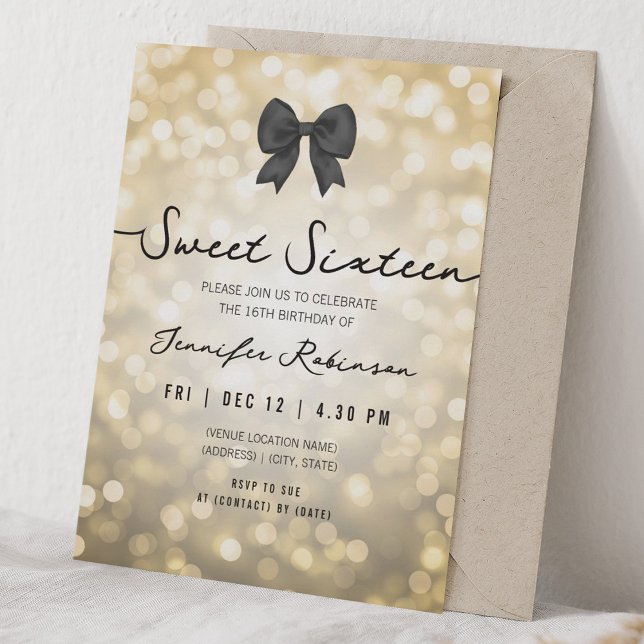 Invitation Arc ÉléGant & Lumières Sweet Seize Or  (Elegant Bow & Lights Sweet Sixteen Gold Invitation)