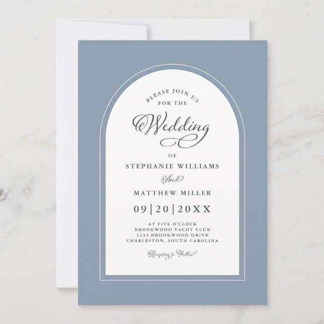 Invitation Arc élégant Moderne Calligraphie Mariage Dusty Blu (Devant)