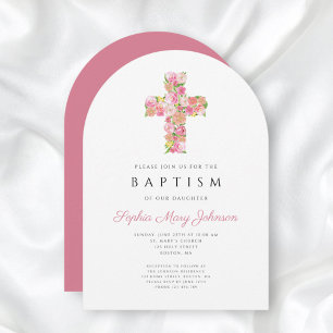 Invitation Arc élégant religieux floral rose baptême croix