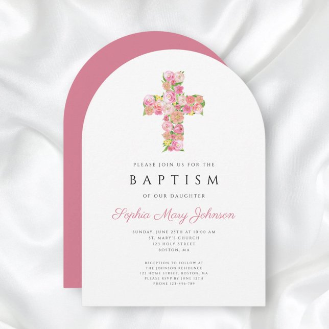 Invitation Arc élégant religieux floral rose baptême croix (Elegant Religious Pink Floral Cross Baptism Arch Invitation)