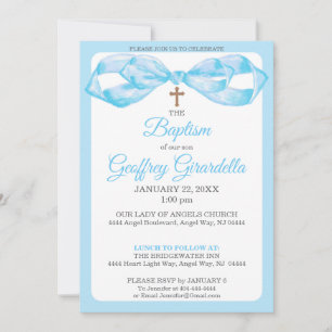 Invitation Arc en aquarelle bleue & Croix Baptême
