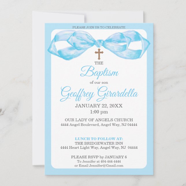 Invitation Arc en aquarelle bleue & Croix Baptême (Devant)