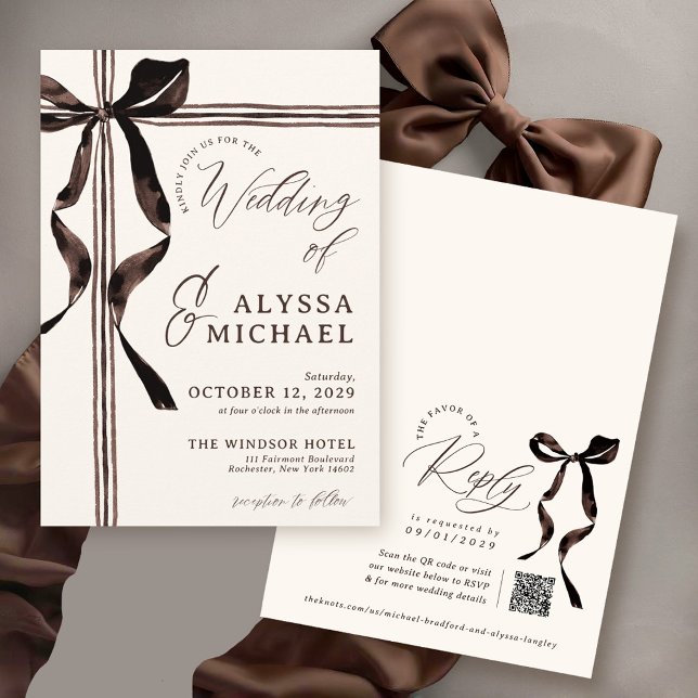 Invitation Arc en aquarelle marron élégant Ivory Code QR Mari (Brown watercolor bow elegant ribbon unique modern trendy QR code ivory wedding invitation)