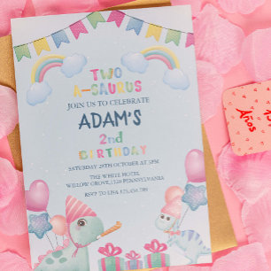 Invitation Arc en arc-en-ciel 2e anniversaire Dinosaure bleu
