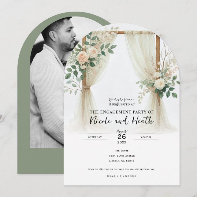 Invitation Arc en bois floral verdure roses fiançailles (Devant / Derrière)