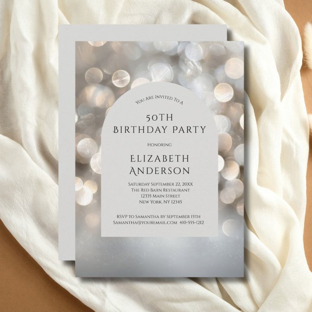 Invitation Arc en bokeh aquarelle gris argent pour 50e annive (Silver Gray Bokeh Arch Watercolor 50th Birthday invitation for him or her. Printed or Digital)