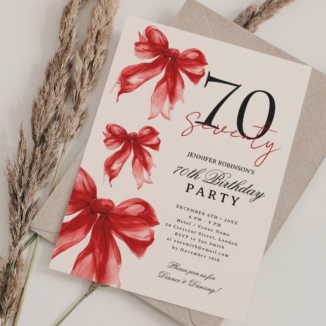 Invitation Arc-en-ciel Aquarelle Coquette Bow 70e Anniversair (Red Watercolor Coquette Bow 70th Birthday Beige Invitation)