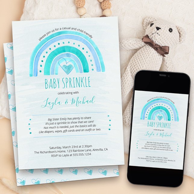 Invitation Arc-en-ciel Aquarelle Laver Bleu Bébé Parsemer (cute and simple rainbow and love hearts boys Baby Sprinkle invitation)