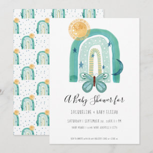 Invitation Arc-en-ciel Boho Aquarelle Moderne Bleu sarcelle S