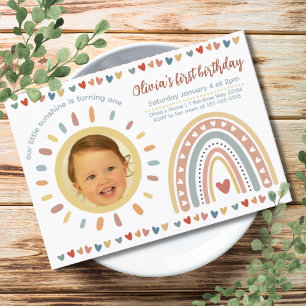 Invitation Arc-en-ciel Boho   Petit soleil photo d'anniversai