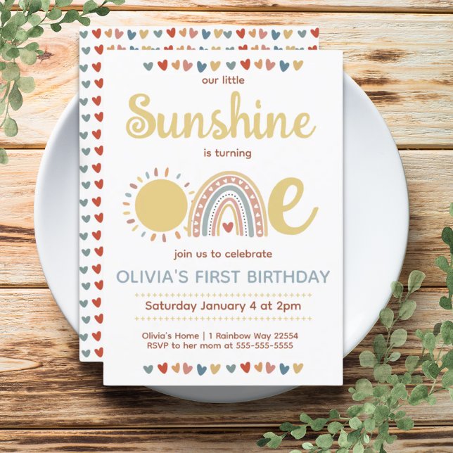 Invitation Arc-en-ciel Boho | Premier anniversaire de Little  (Boho Rainbow | Little Sunshine First Birthday Invitation)