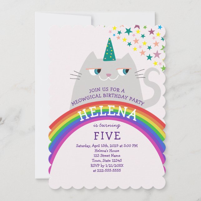 Invitation Arc-en-ciel Chat Licorne 5ème Anniversaire (Devant)