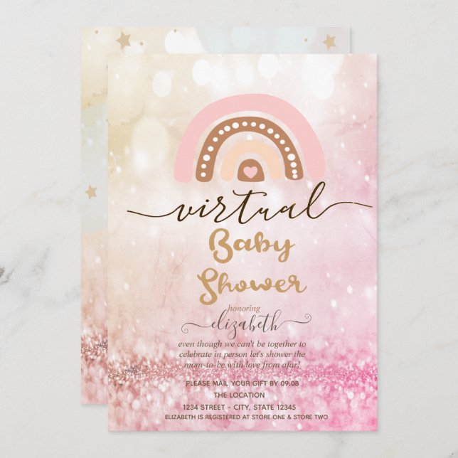 Invitation Arc en ciel, Clouds Stars Bokeh Baby shower virtue (Devant / Derrière)