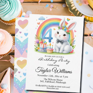 Invitation Arc-en-ciel coloré et Bunny 4e fête d'anniversaire