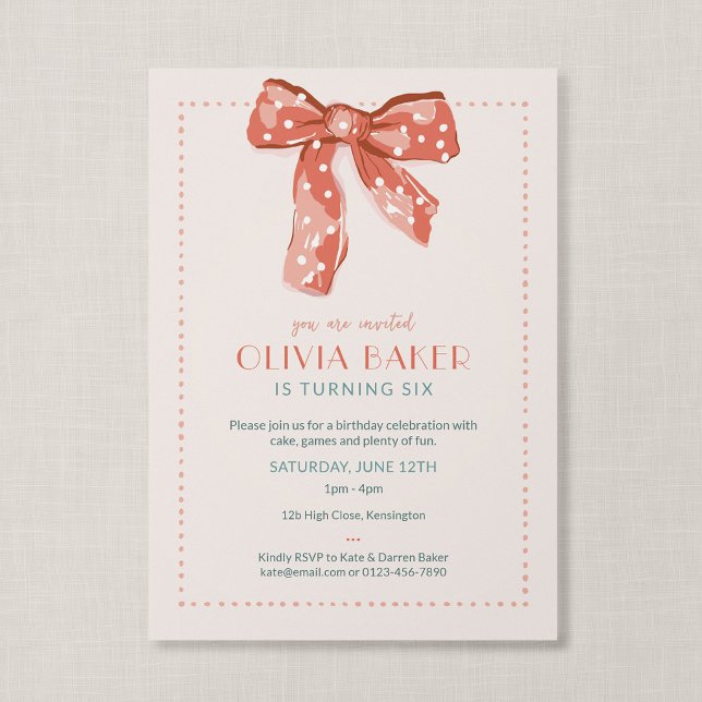 Invitation Arc-en-ciel Coquette Bow Anniversaire Enfants (Heirloom Bow - Coquette themed birthday invitation)