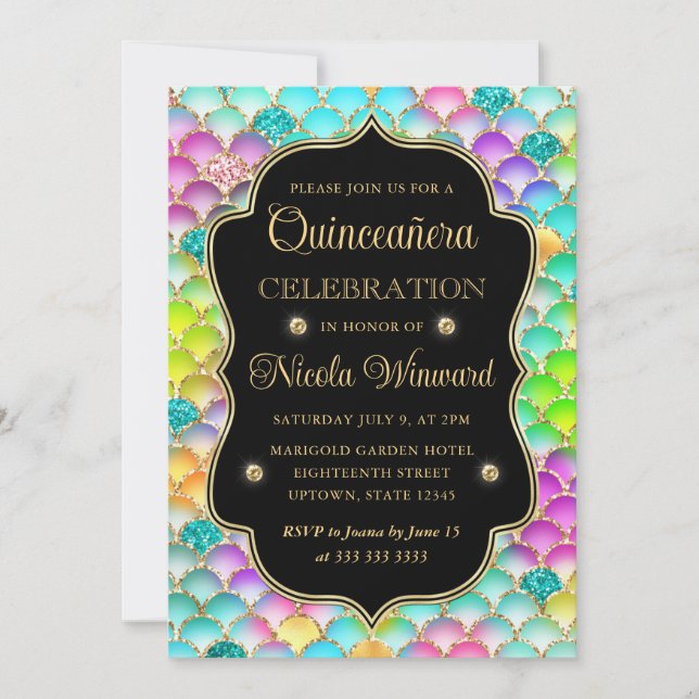 Invitation Arc-en-ciel Coquille Saint-Jacques Or Quinceanera (Devant)