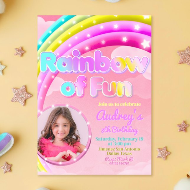Invitation Arc-en-ciel de plaisir avec image (Rainbow of Fun - Girl Birthday Invitation with Photo)