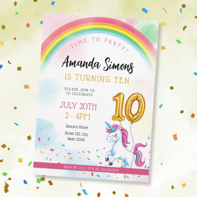 Invitation Arc-en-ciel Douce Arch Confettis Fille 10e Anniver (Créateur téléchargé)
