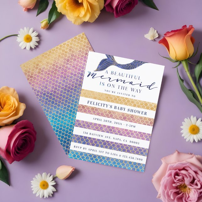 Invitation Arc-en-ciel + Échelles de sirène d'or et Baby show (Rainbow + Gold Mermaid Scales & Stipe Baby Shower Invitation)