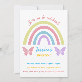 Invitation Arc-en-ciel et papillon Anniversaire pour les fill