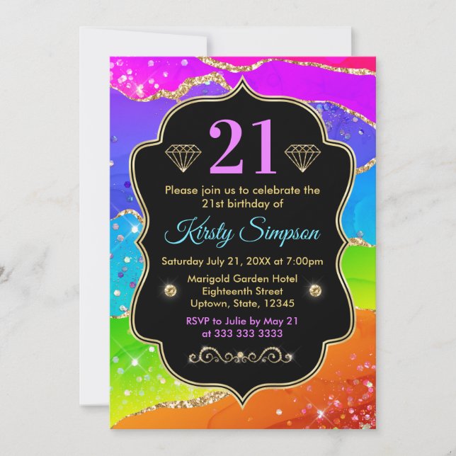 Invitation Arc-en-ciel Glamour Encre Alcoolique Agate Anniver (Devant)