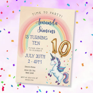 Invitation Arc-en-ciel Licorne Confettis Fille 10ème Annivers