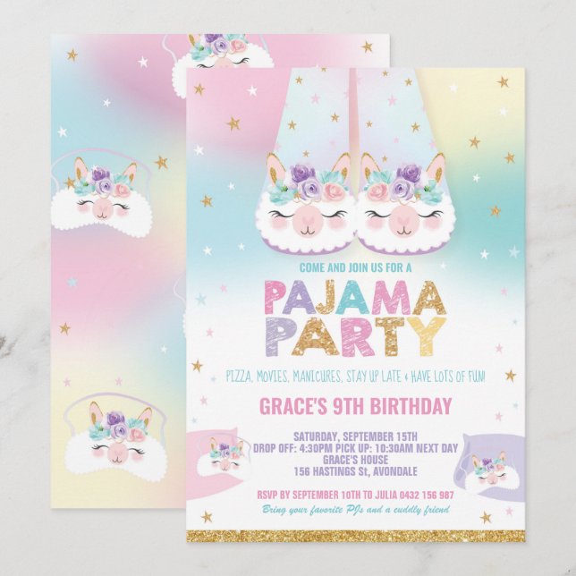 Invitation Arc-en-ciel Llama Pyjama Anniversaire (Devant / Derrière)