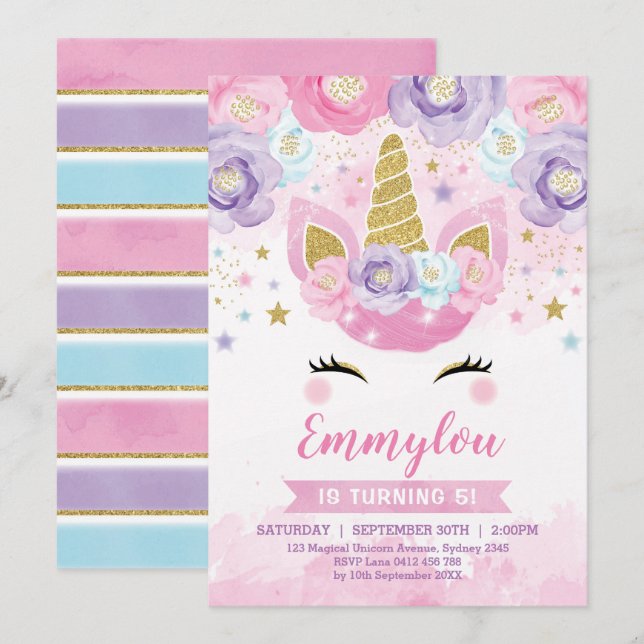 Invitation Arc-en-ciel magique de pourpre de rose de fête (Devant / Derrière)