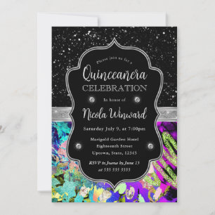 Invitation Arc-en-ciel Néon Abstrait Paillettes Quinceanera
