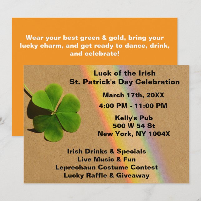 Invitation Arc-en-ciel orange St. Patrick's Day    (Devant / Derrière)
