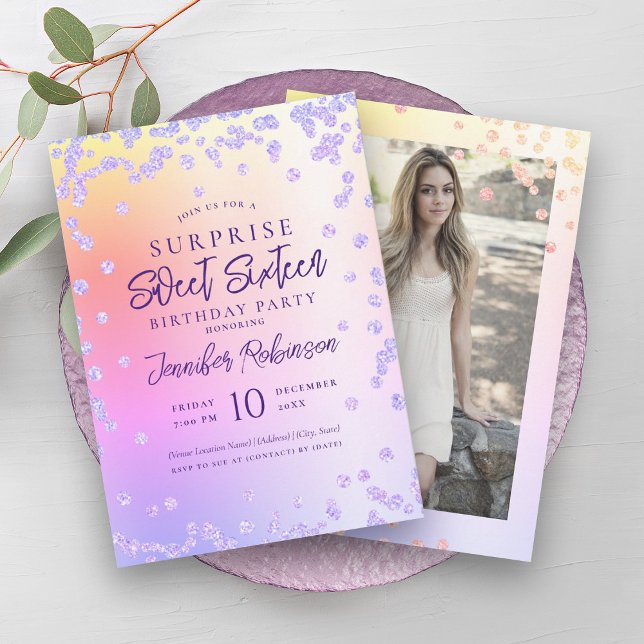 Invitation Arc en ciel Parties scintillant violet photo SURPR (Rainbow Purple Glitter Photo SURPRISE Sweet 16 Invitation)