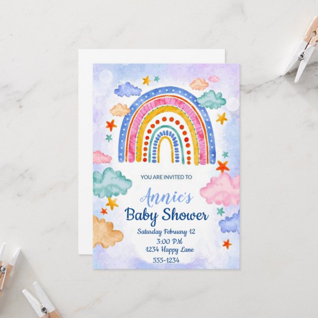 Invitation Arc-en-ciel pastel dessiné à la main  (Devant/Arrière en situation)