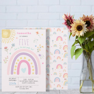 Invitation Arc-en-ciel Pastel Fleurs Sauvages Cœurs Anniversa