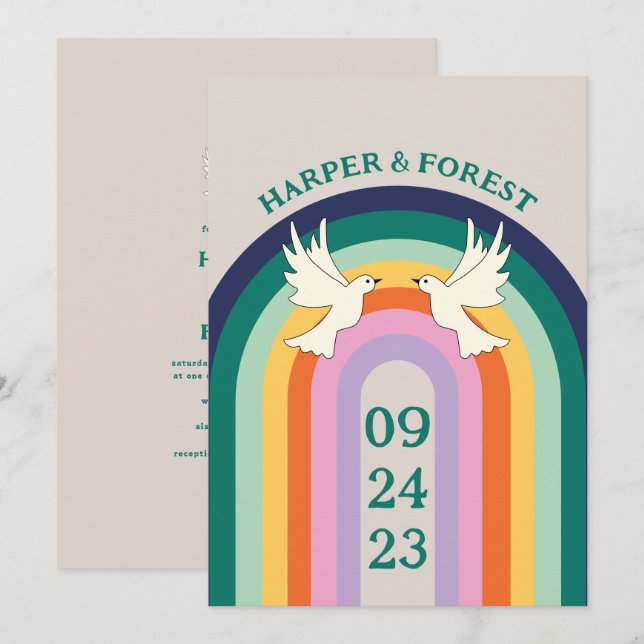 Invitation Arc-en-ciel rétro les années 70 Arc (Devant / Derrière)