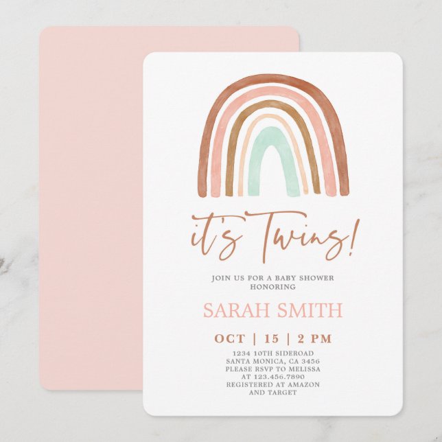 Invitation Arc-en-ciel rose c'est Twins Baby shower Girl (Devant / Derrière)