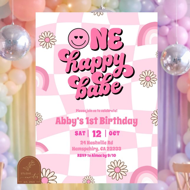 Invitation Arc-en-ciel rose rétro un joyeux bébé anniversaire (Créateur téléchargé)