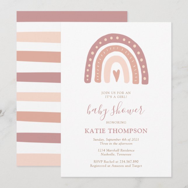 Invitation Arc-en-ciel rose vif C’est un Baby shower féminin (Devant / Derrière)