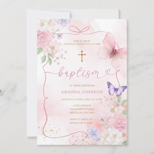 Invitation Arc-en-ciel Rose Violet Fille Bapteme (Devant)