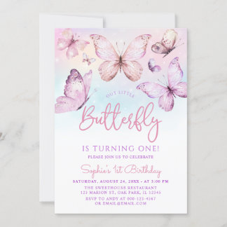 Invitation Arc-en-ciel rose violet papillon fille 1er anniver
