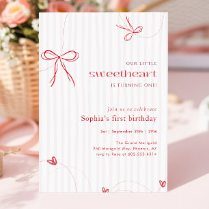 Invitation Arc-en-ciel Rouge Ruban Cœur Petit Chéri 1er Anniv