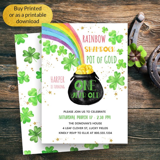 Invitation Arc-en-ciel Trèfle Pot d'Or 1er Anniversaire (Cute First Birthday St Patricks Themed Birthday Invitation)
