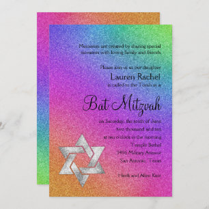 Invitation Arc-en-ciel très coloré bat mitzvah avec Silver St
