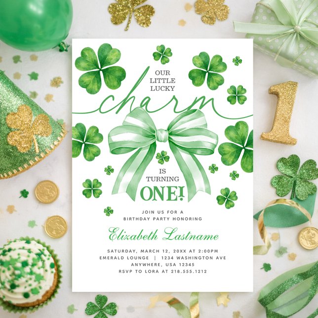 Invitation Arc-en-ciel vert noeud papillon porte-bonheur 1er  (Shamrock Green Bow Lucky Charm 1st Birthday Invitation)